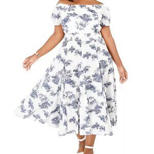 Plus Size Printed Off-The-Shoulder Smocked-Waist Dress
